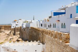 View of White and Blue Buildings in Asilah, Morocco